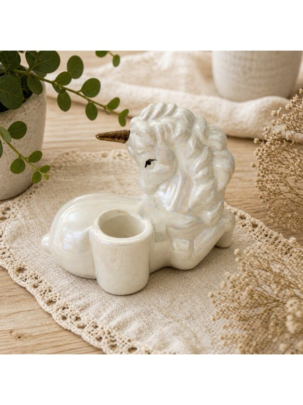Vintage Pearlescent Ceramic Unicorn Figurine Candle Holder Hand-Painted Fantasy